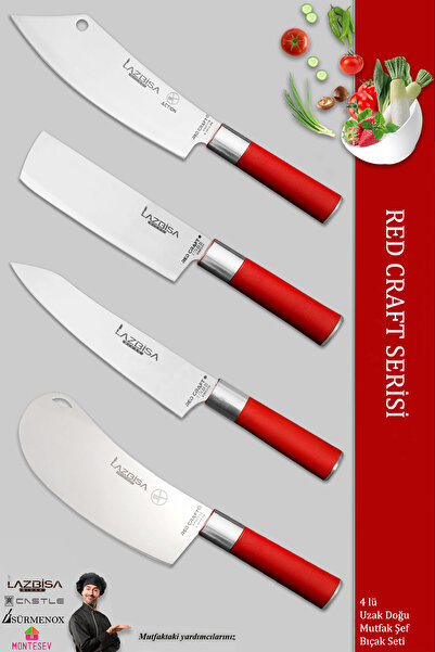 LAZBİSA Red Craft Serisi Mutfak Şef Bıçak Seti Et Ekmek Sebze Şef Bıçağı 4 Lü...