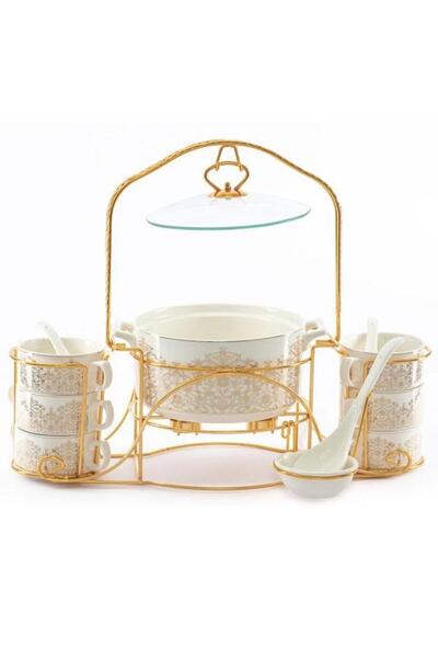 ALSAIF Porcelain Soup Set With Golden Stand 18 Pieces White