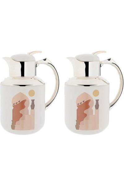 ALSAIF Florya Pro Plastic Thermos Set 1 Liter 0.5 Liter Minaret Pattern Beige