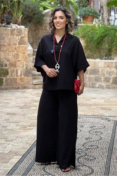 Nevin Kaya Moda Μαύρο Σετ Μπλούζα Παντελόνι Λινό 100% Βαμβάκι