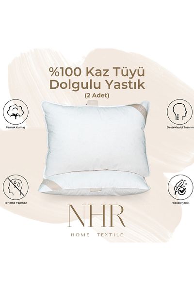 NHR HOME 100% Goose Feather Filled, Antibacterial, Sleeping Pillow / 50X70 1250Gr / 2 Pieces