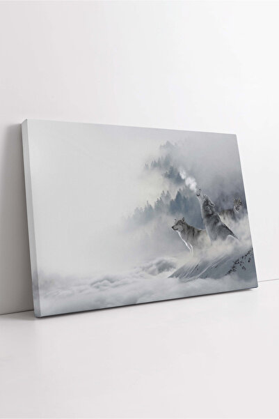 KOSS Dijital Mitologia turcă simbolul lupilor uluitori natură ceață pictură decorativă pe pânză, decor pentru birou acasă