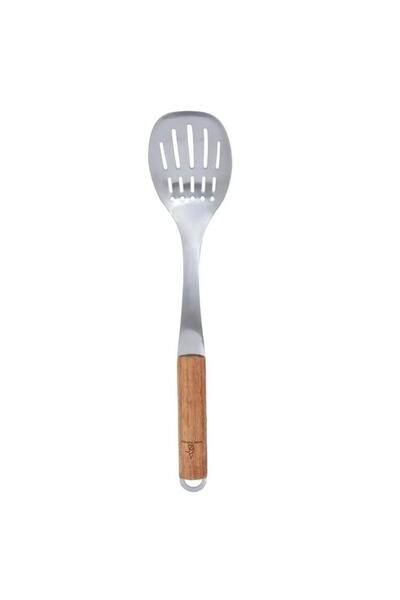 ALSAIF ملعقة تقديم من الفولاذ المثقبة بمقبض خشبي فضي