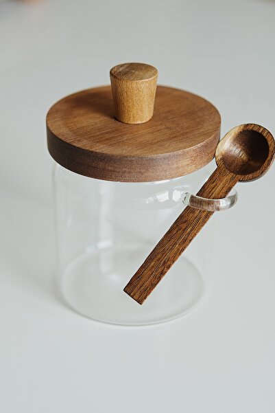 Dekorzdükkan Acacia Borosilicate Glass Jar with Lid and Spoon (450ml)