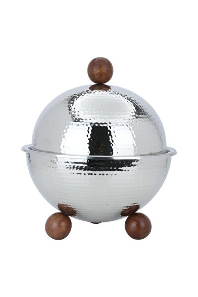 ALSAIF Steel Serving Plate 34 X 28 X 28 Cm Wooden Legs Silver