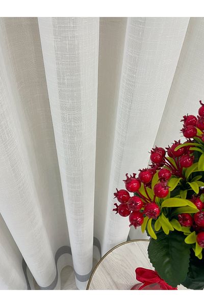 Brillant Linen Look Banded 1/3 Sik Pleat - Ecru/Grey Color Tulle Curtain