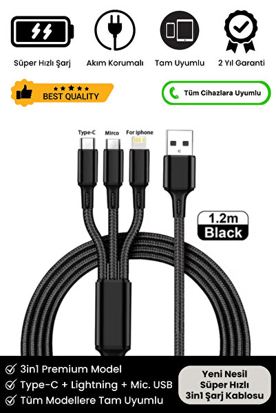 Noriyen Süper Hızlı 3in1 Turbo ve Hızlı Şarj Destekli Micro + Type-C + Lightning 3 Uçlu Premium Şarj Kablosu