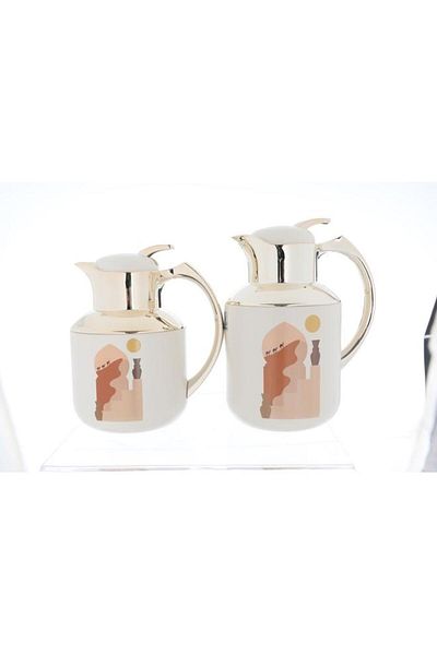 ALSAIF Florya Pro Plastic Thermos Set 1 Liter 0.5 Liter Minaret Pattern Beige