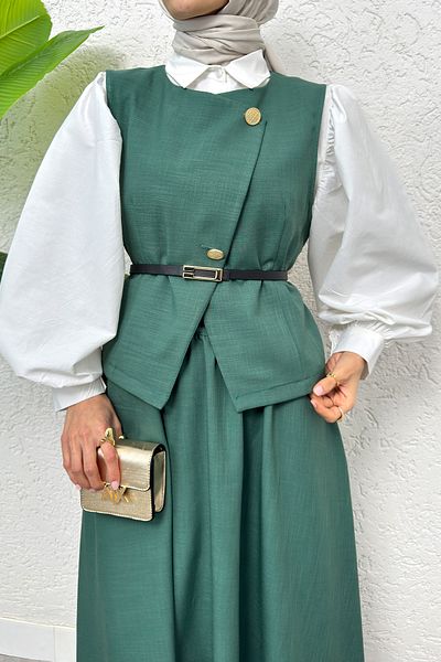 Salih Çelebi Dark Green Belted Vest and Skirt Set - 2245