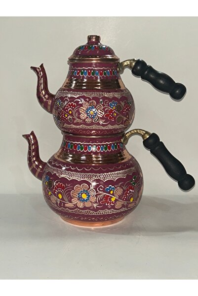 El İşi İşlemeli İçi Kalaylı Bakır Çaydanlık