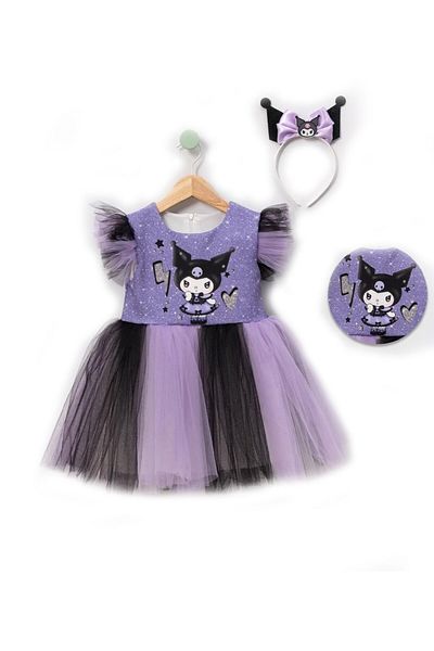 LifeForModa Girls' Kuromi Tulle Dress with Crown Accessories Party Gown and Show Dress