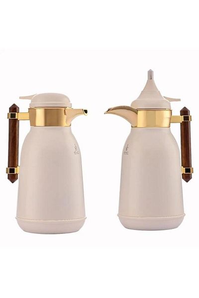 ALSAIF Shahd Thermos Set Of Stainless Steel Two Pieces Wooden Handle Off White