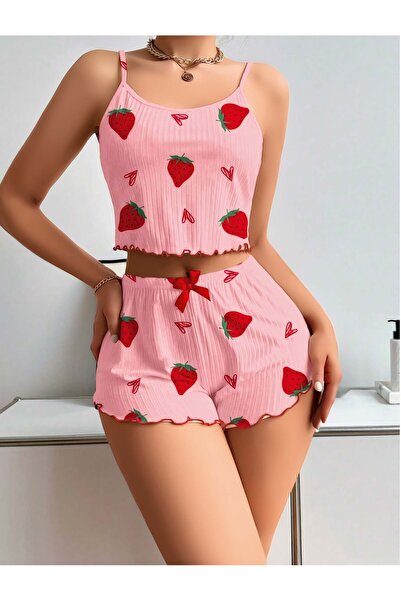 SÜSEN LİNGERİE çilek desenli seksi fitilli kadın gecelik takım, ev giyim seti,