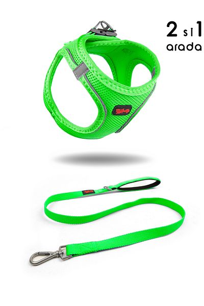 Tailpetz Neon Green Cat Dog Air-Mesh Chest Collar and Trip Shipping Strap Set - 2 in 1