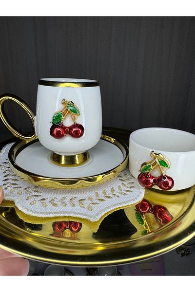 EŞİYOK Special Design Cherry Patterned Coffee Cup with Gold Detail