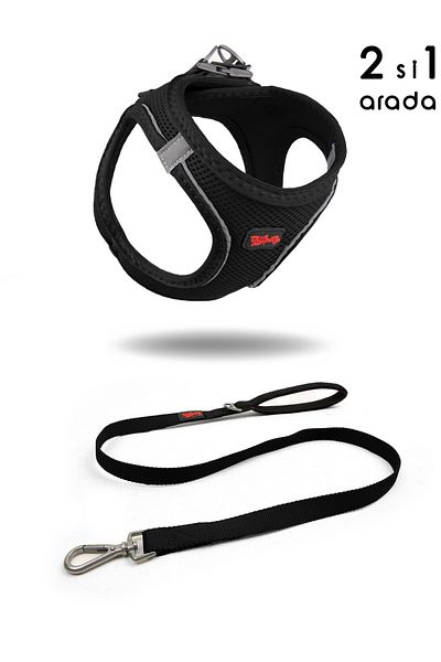 Tailpetz Air-Mesh Cat Dog Chest Collar and Trip Set - Black 2 in 1