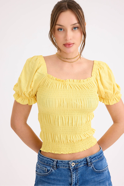 Vitrin Square Neck Viscose Linen Crop Blouse