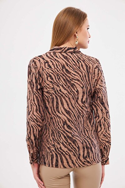 armonika Γυναικείο μακρυμάνικο πουκάμισο με σχέδιο μινκ-μπεζ ARM-25K 001040