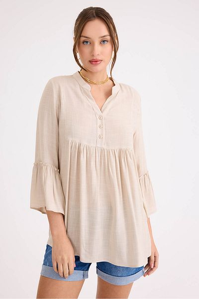 Vitrin Sleeve Ruffle Detailed Viscose Linen Buttoned Blouse