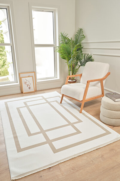 Konfor Halı Moderno 3337 Bej Beyaz Çerçeve Desenli Dokuma Halı Salon Oturma O...