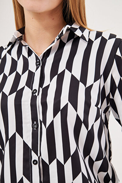 armonika Women's Black-White Patterned Long Sleeve Shirt ARM-24K001017