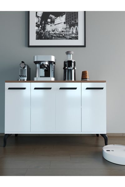 Kar mobilya Aksesuar Modern Konsol Kahve Dolabı | 4 Kapaklı Kiler Mutfak Dolabı – Beyaz Ceviz