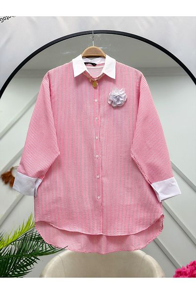YEDİLALE Striped Shirt with Rose Brooch