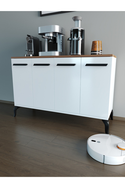 Kar mobilya Aksesuar Modern Konsol Kahve Dolabı | 4 Kapaklı Kiler Mutfak Dolabı – Beyaz Ceviz
