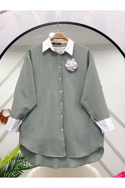 YEDİLALE Striped Shirt with Rose Brooch