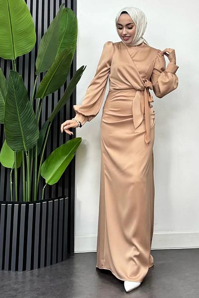 Tesettür Diyarı Satin Hijab Evening Dress with Tie Waist Detail