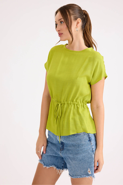 Vitrin Round Neck Linen Blouse with Drawstring Waist