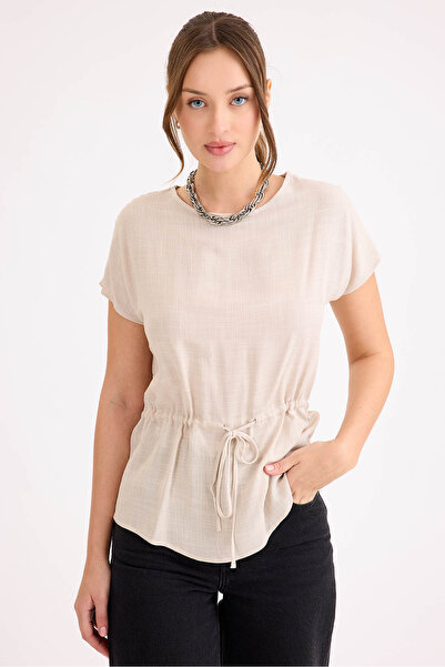 Vitrin Round Neck Linen Blouse with Drawstring Waist