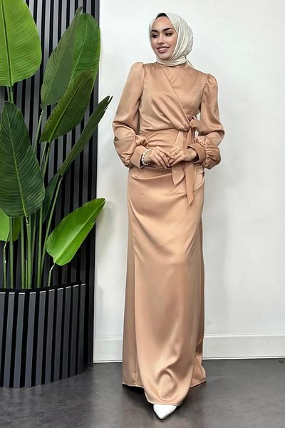 Tesettür Diyarı Satin Hijab Evening Dress with Tie Waist Detail