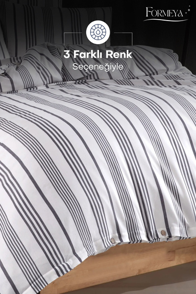 Formeya Striped Buttoned Double Duvet Cover Set (Including Fitted Sheet) Modern Cotton Comfort