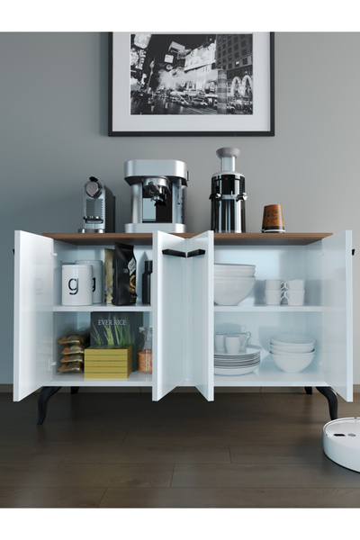 Kar mobilya Aksesuar Modern Konsol Kahve Dolabı | 4 Kapaklı Kiler Mutfak Dolabı – Beyaz Ceviz