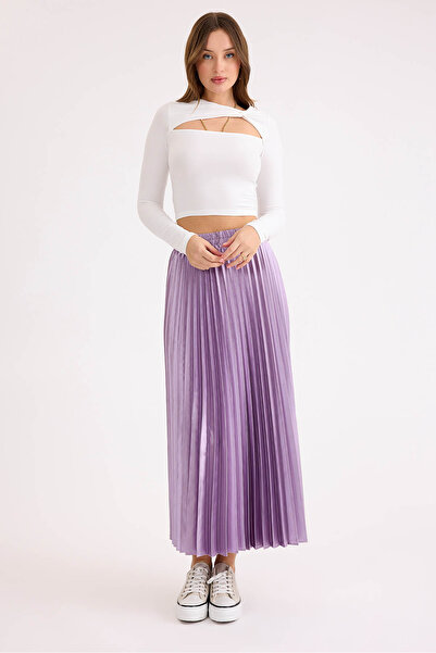 Vitrin Pleated Midi Satin Skirt with Elastic Waist
