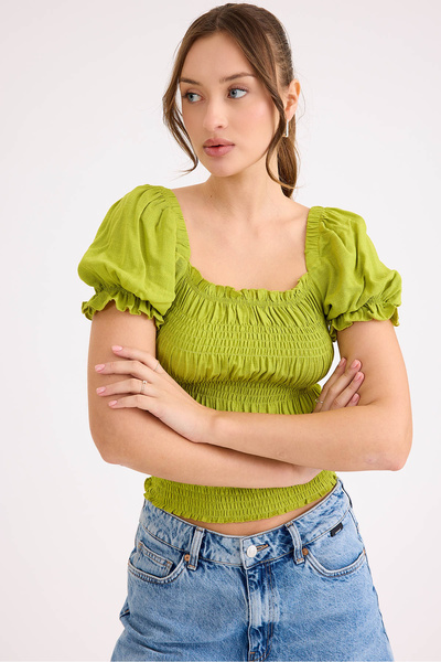 Vitrin Square Neck Viscose Linen Crop Blouse