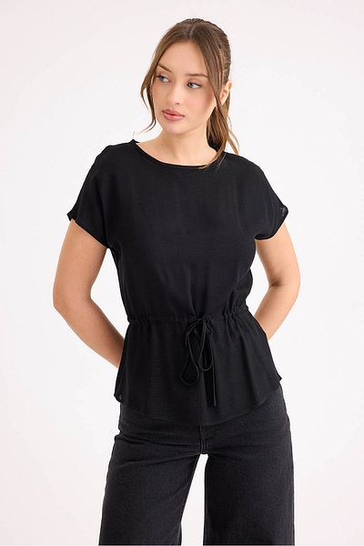 Vitrin Round Neck Linen Blouse with Drawstring Waist