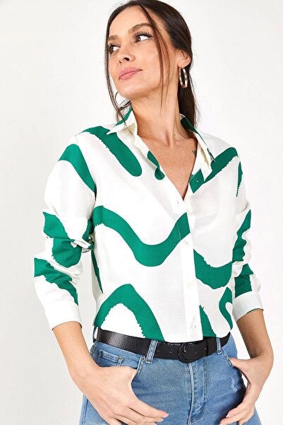 armonika Cămașă cu mânecă lungă cu model verde pentru femei ARM-22K001123