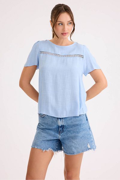 Vitrin Bluză din in cu mânecă scurtă cu dantelă