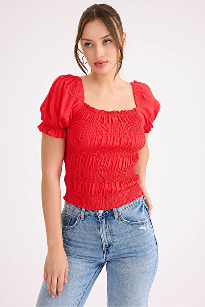 Vitrin Square Neck Viscose Linen Crop Blouse