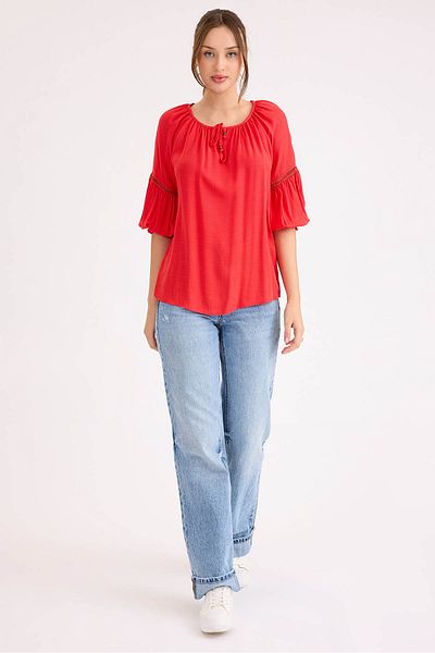 Vitrin Elastic Sleeve Front Tie Linen Blouse