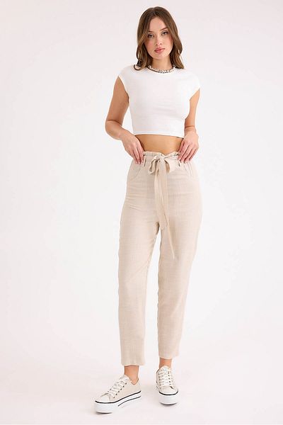 Vitrin High Waist Belted Viscose Linen Trousers