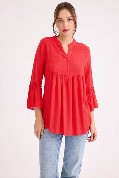 Vitrin Sleeve Ruffle Detailed Viscose Linen Buttoned Blouse