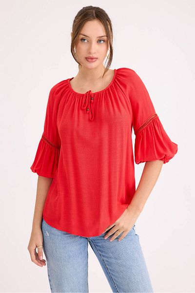 Vitrin Elastic Sleeve Front Tie Linen Blouse