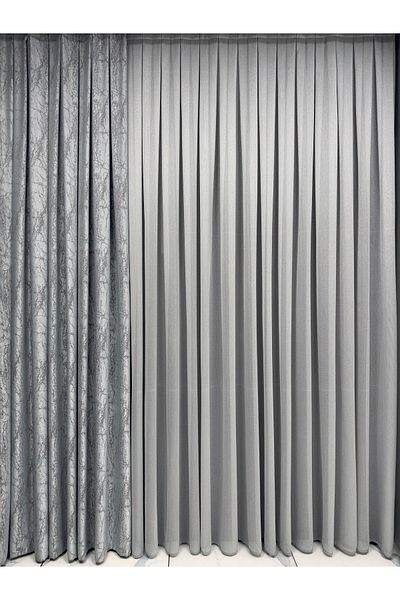 Erdoğanlar Koza Large Fish Back Grey Tulle Curtain 1/3 Close Pleat