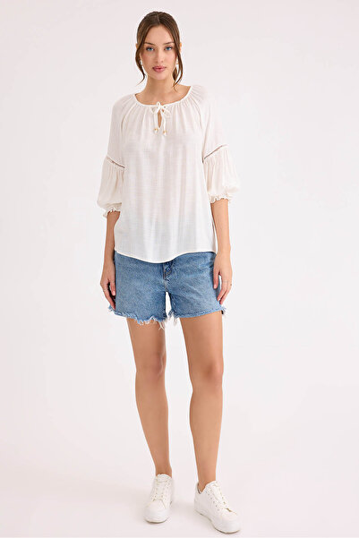 Vitrin Elastic Sleeve Front Tie Linen Blouse