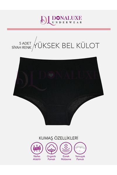 Donaluxe Chiloți pentru femei, talie înaltă, bumbac negru, țesătură moale, pachet de 5