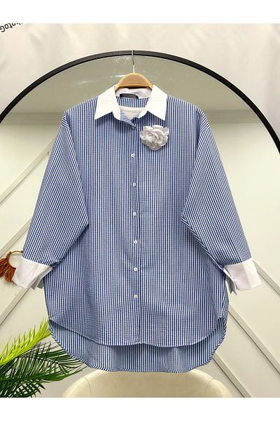 YEDİLALE Striped Shirt with Rose Brooch