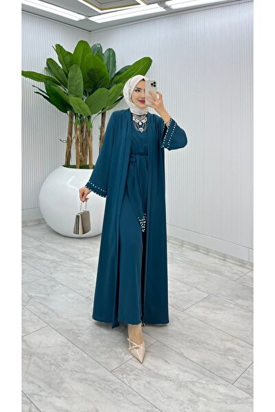 FIRSTESLEM İncili Tulum ve Abayalı Dubai Krep Kadın Şık tulumlu Abaya takımı